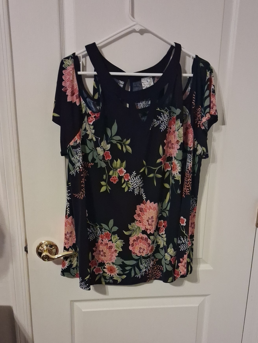 NAIF Black Cold-Shoulder Floral Tunic with Pink Blossoms
